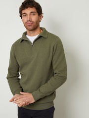 Threadbare Olive Green' Rib Panel Quarter Zip Jumper - Image 1 of 4