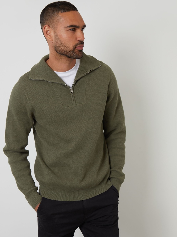 Threadbare Olive Green' Rib Panel Quarter Zip Jumper - Image 1 of 4 Threadbare Olive Green' Rib Panel Quarter Zip Jumper - Image 1 of 4