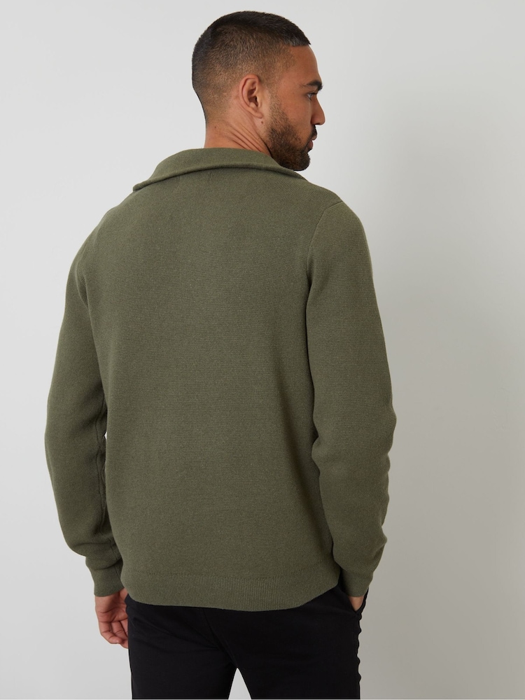 Threadbare Olive Green' Rib Panel Quarter Zip Jumper - Image 2 of 4 Threadbare Olive Green' Rib Panel Quarter Zip Jumper - Image 2 of 4