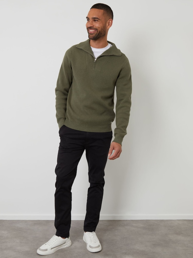 Threadbare Olive Green' Rib Panel Quarter Zip Jumper - Image 3 of 4