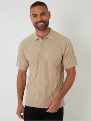 Threadbare Brown Cable Knit Button Through Shirt - Image 1 of 4