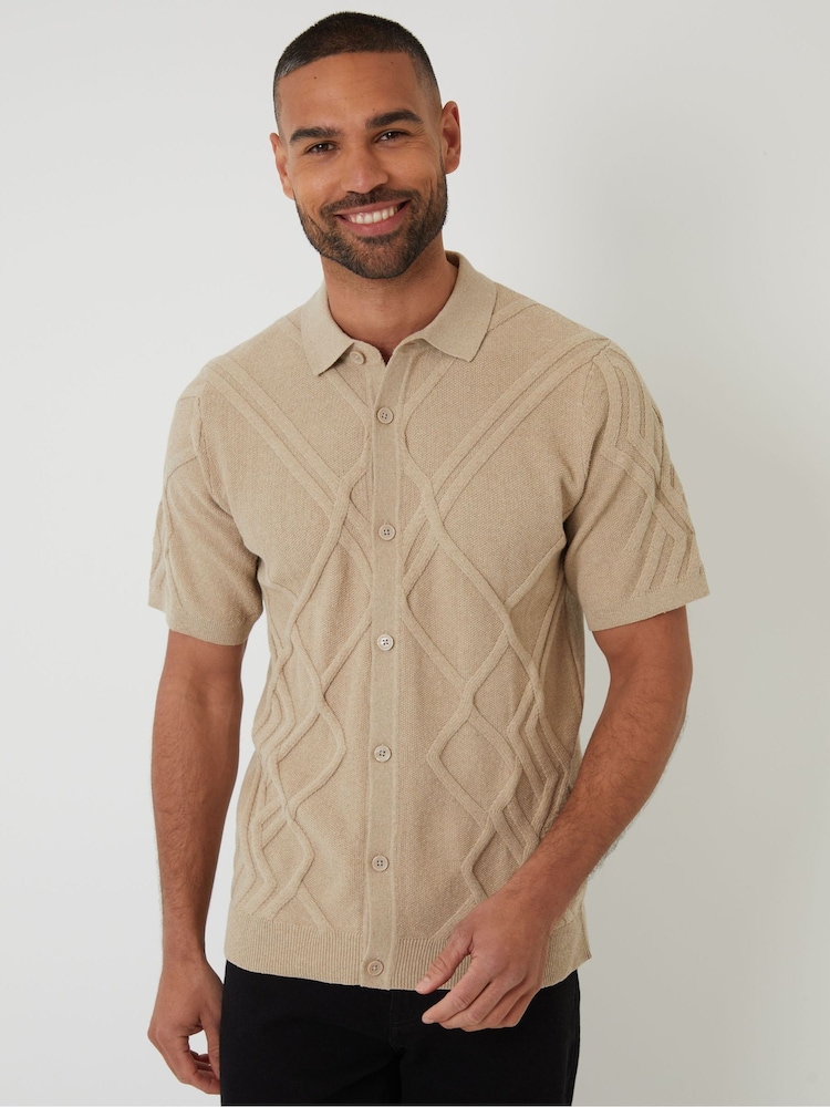 Threadbare Brown Cable Knit Button Through Shirt - Image 1 of 4
