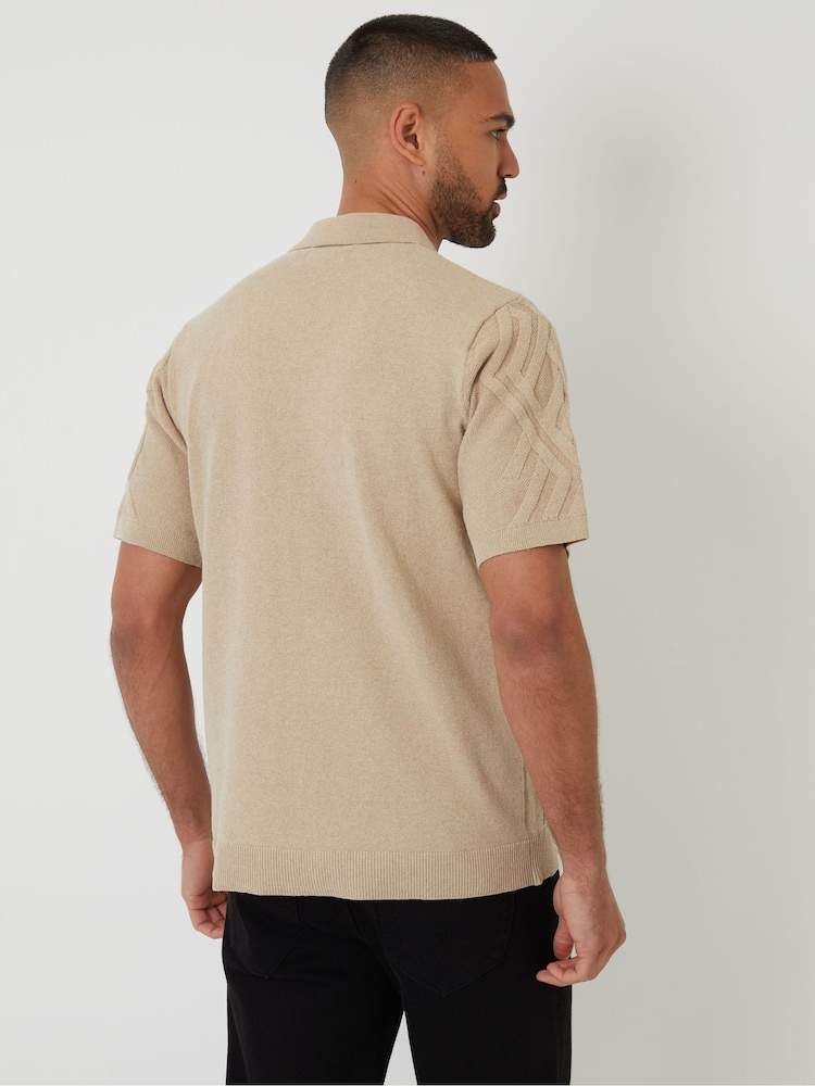 Threadbare Brown Cable Knit Button Through Shirt - Image 2 of 4