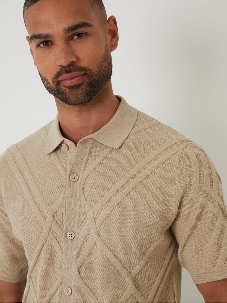 Threadbare Brown Cable Knit Button Through Shirt - Image 4 of 4