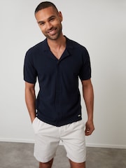 Threadbare Blue Textured Revere Collar Knitted Shirt - Image 1 of 4