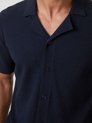 Threadbare Blue Textured Revere Collar Knitted Shirt - Image 4 of 4