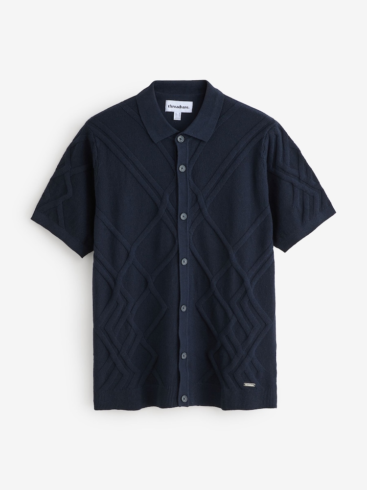 Threadbare Blue Cable Knit Button Through Shirt - Image 5 of 5