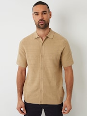 Threadbare Brown Textured Knitted Button Through Polo Shirt - Image 1 of 4