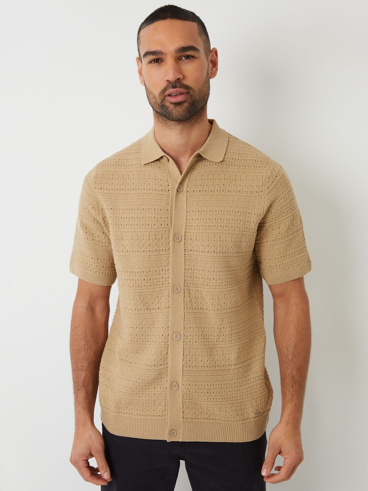 Threadbare Brown Textured Knitted Button Through Polo Shirt - Image 1 of 4