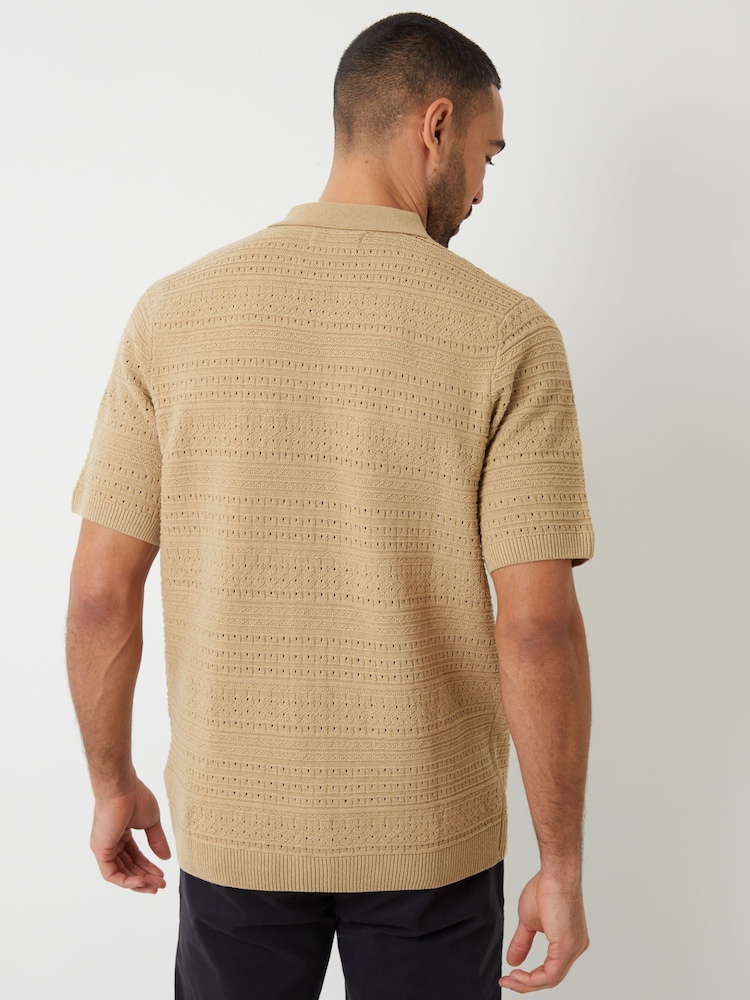 Threadbare Brown Textured Knitted Button Through Polo Shirt - Image 2 of 4