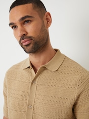 Threadbare Brown Textured Knitted Button Through Polo Shirt - Image 4 of 4