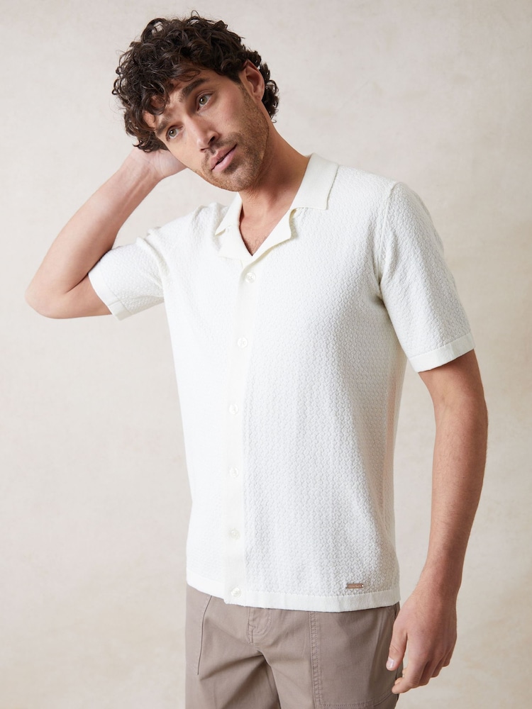 Threadbare Cream Textured Revere Collar Knitted Shirt - Image 1 of 6
