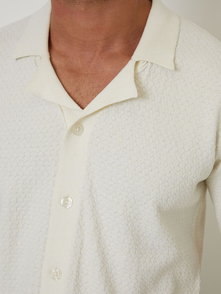 Threadbare Cream Textured Revere Collar Knitted Shirt - Image 6 of 6