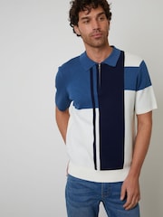 Threadbare Blue Colourblock Quarter Zip Knitted Polo Shirt - Image 1 of 4