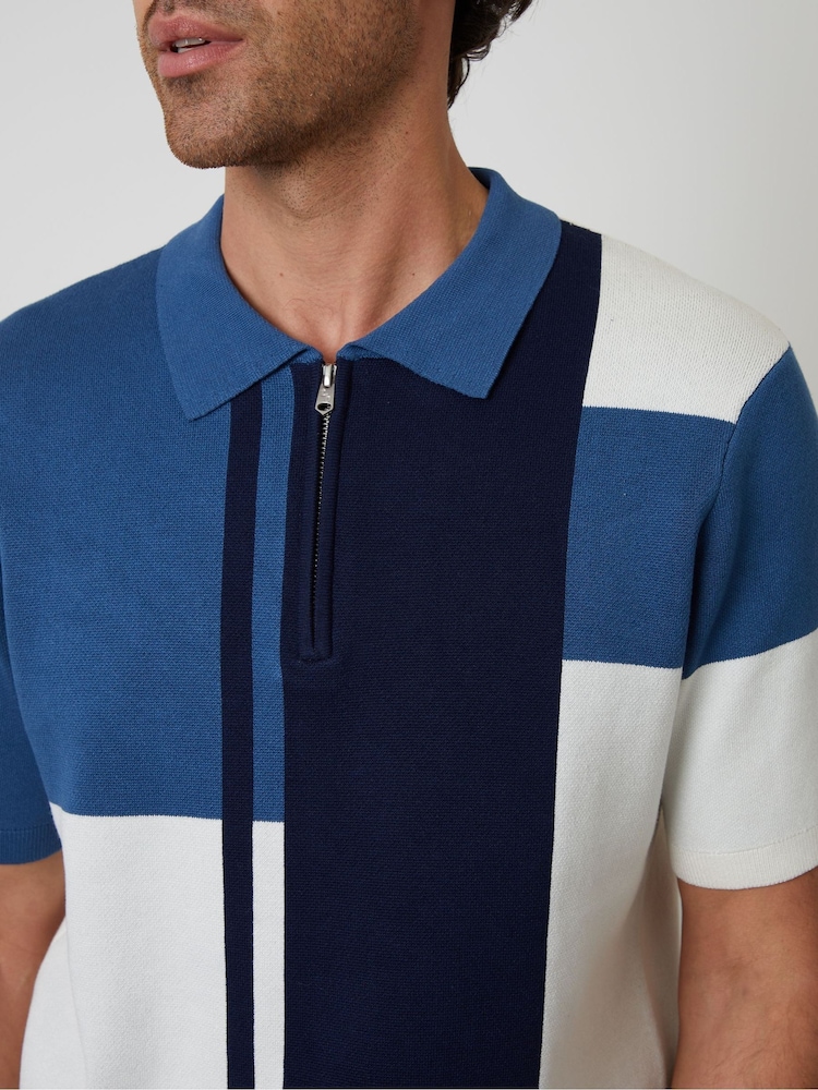 Threadbare Blue Colourblock Quarter Zip Knitted Polo Shirt - Image 4 of 4
