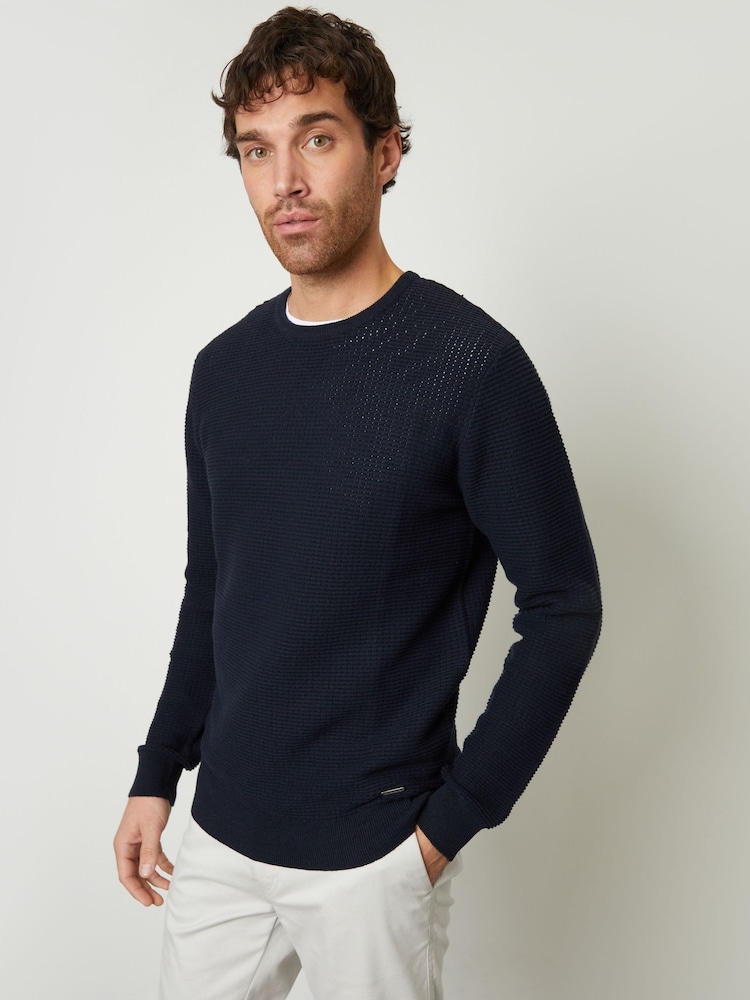 Threadbare Navy Blue Crochet Knit Crew Neck Jumper - Image 1 of 4