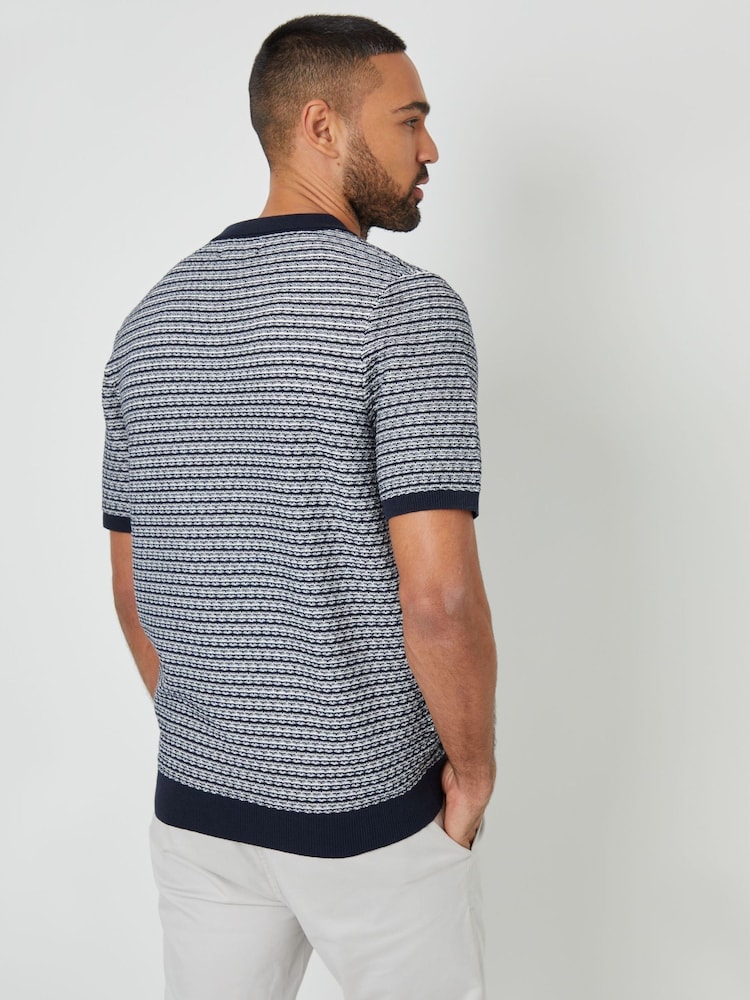 Blau - Threadbare Textured Stripe Knit Trophy Neck Polo Shirt - Bild 2 von 4 Blau - Threadbare Textured Stripe Knit Trophy Neck Polo Shirt - Bild 2 von 4
