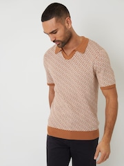 Threadbare Brown Jacquard Geo Trophy Neck Knitted Polo Shirt - Image 1 of 4