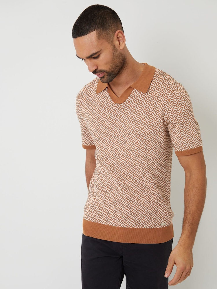 Threadbare Brown Jacquard Geo Trophy Neck Knitted Polo Shirt - Image 1 of 4
