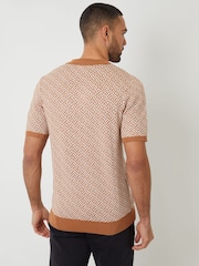 Threadbare Brown Jacquard Geo Trophy Neck Knitted Polo Shirt - Image 2 of 4