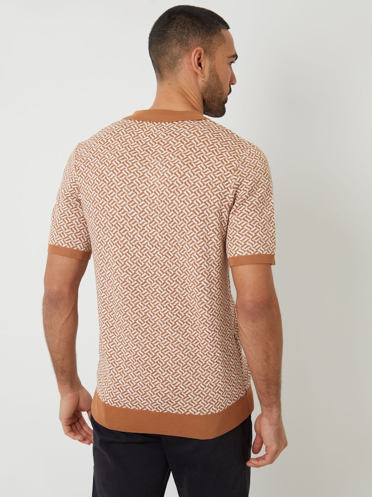 Threadbare Brown Jacquard Geo Trophy Neck Knitted Polo Shirt - Image 2 of 4