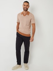 Threadbare Brown Jacquard Geo Trophy Neck Knitted Polo Shirt - Image 3 of 4