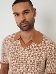 Threadbare Brown Jacquard Geo Trophy Neck Knitted Polo Shirt - Image 4 of 4