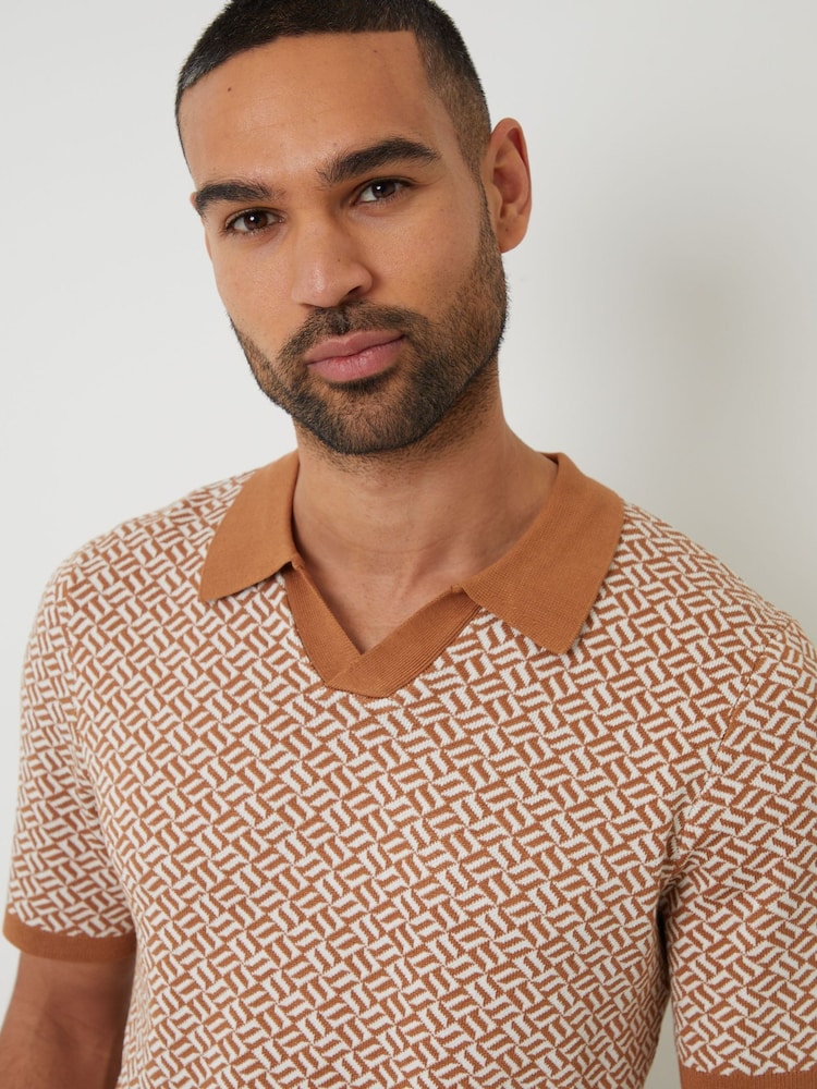 Threadbare Brown Jacquard Geo Trophy Neck Knitted Polo Shirt - Image 4 of 4