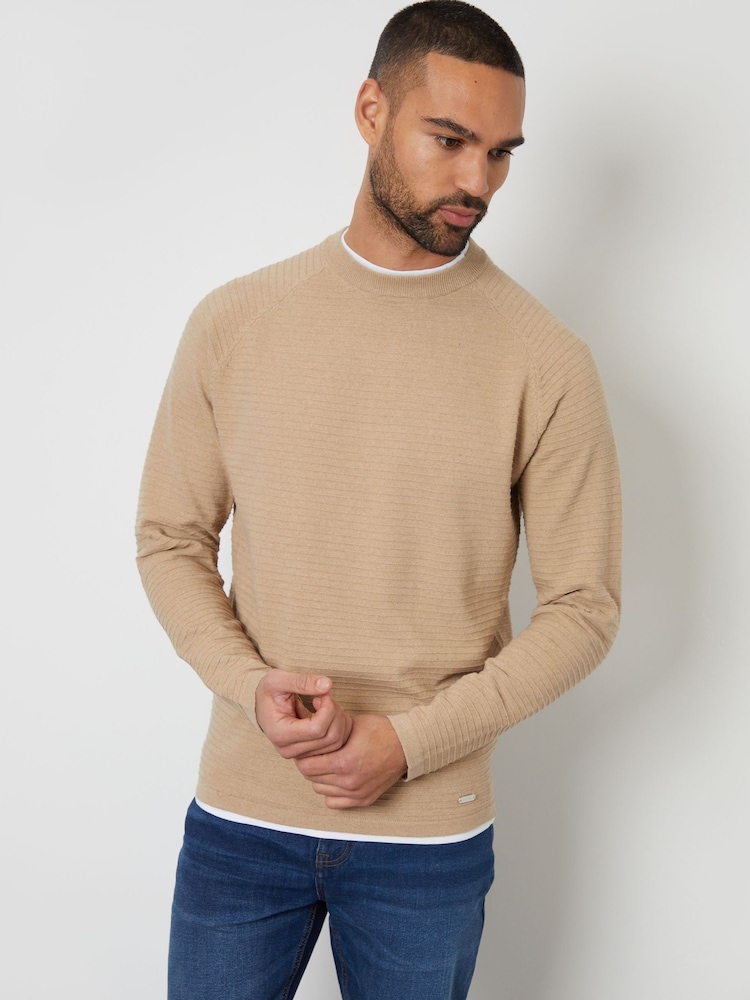 Threadbare Neutral Textured Raglan Mock T-Shirt Crew Neck Jumper - Image 1 of 4