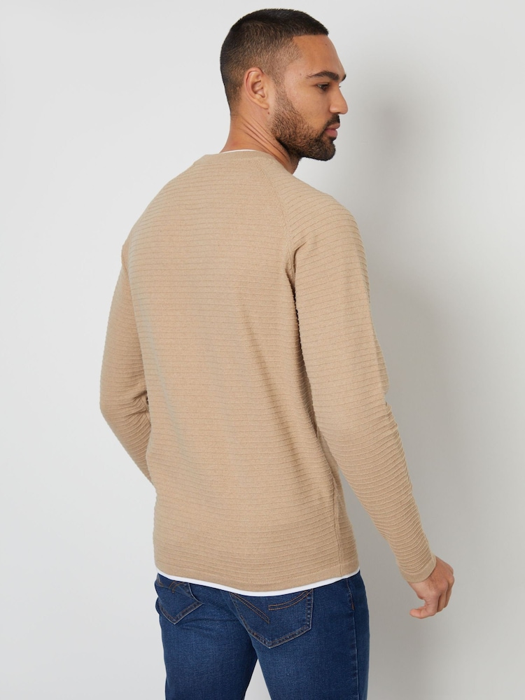 Threadbare Neutral Textured Raglan Mock T-Shirt Crew Neck Jumper - Image 2 of 4