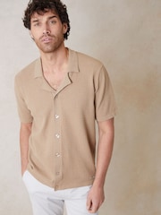 Threadbare Brown Textured Revere Collar Knitted Shirt - Image 1 of 5