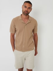 Threadbare Brown Textured Revere Collar Knitted Shirt - Image 2 of 5