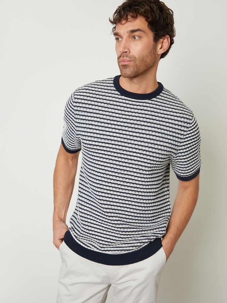 Threadbare Blue Stripe Textured Knitted T-Shirt - Image 1 of 4