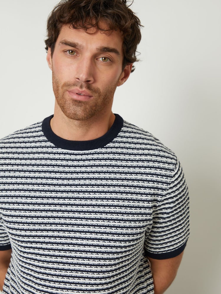Threadbare Blue Stripe Textured Knitted T-Shirt - Image 4 of 4