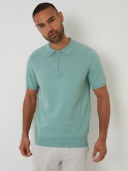 Threadbare Green Textured Front Quarter Zip Knitted Polo Shirt - Image 1 of 4