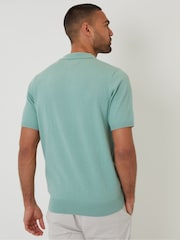 Threadbare Green Textured Front Quarter Zip Knitted Polo Shirt - Image 2 of 4