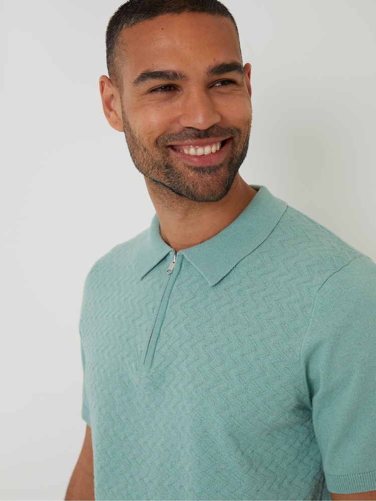 Threadbare Green Textured Front Quarter Zip Knitted Polo Shirt - Image 4 of 4