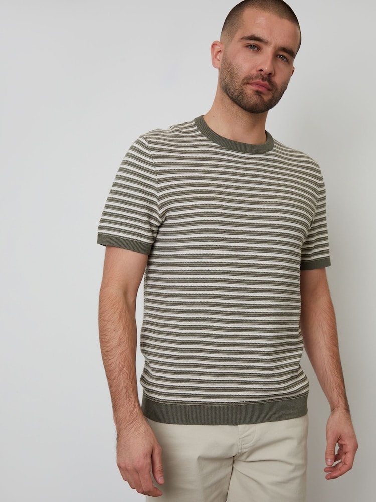 Threadbare Green Striped Textured Knitted T-Shirt - Image 1 of 4