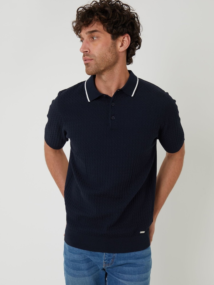 Threadbare Blue Textured Front Tipping Collar Knitted Polo Shirt - Image 1 of 4 Threadbare Blue Textured Front Tipping Collar Knitted Polo Shirt - Image 1 of 4