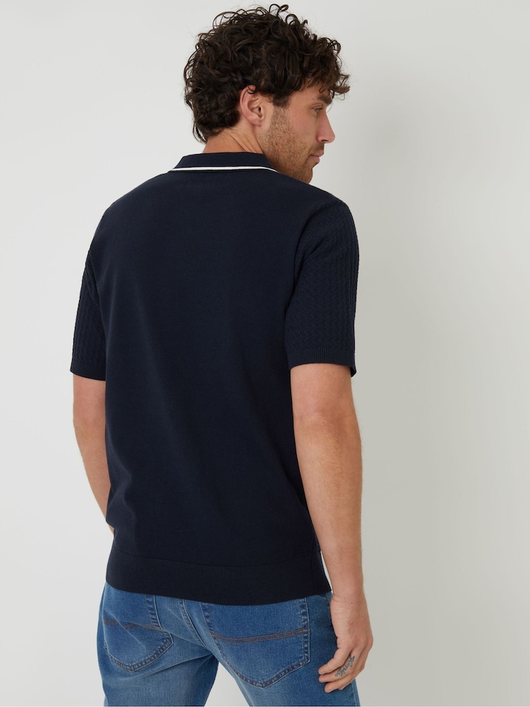 Threadbare Blue Textured Front Tipping Collar Knitted Polo Shirt - Image 2 of 4 Threadbare Blue Textured Front Tipping Collar Knitted Polo Shirt - Image 2 of 4