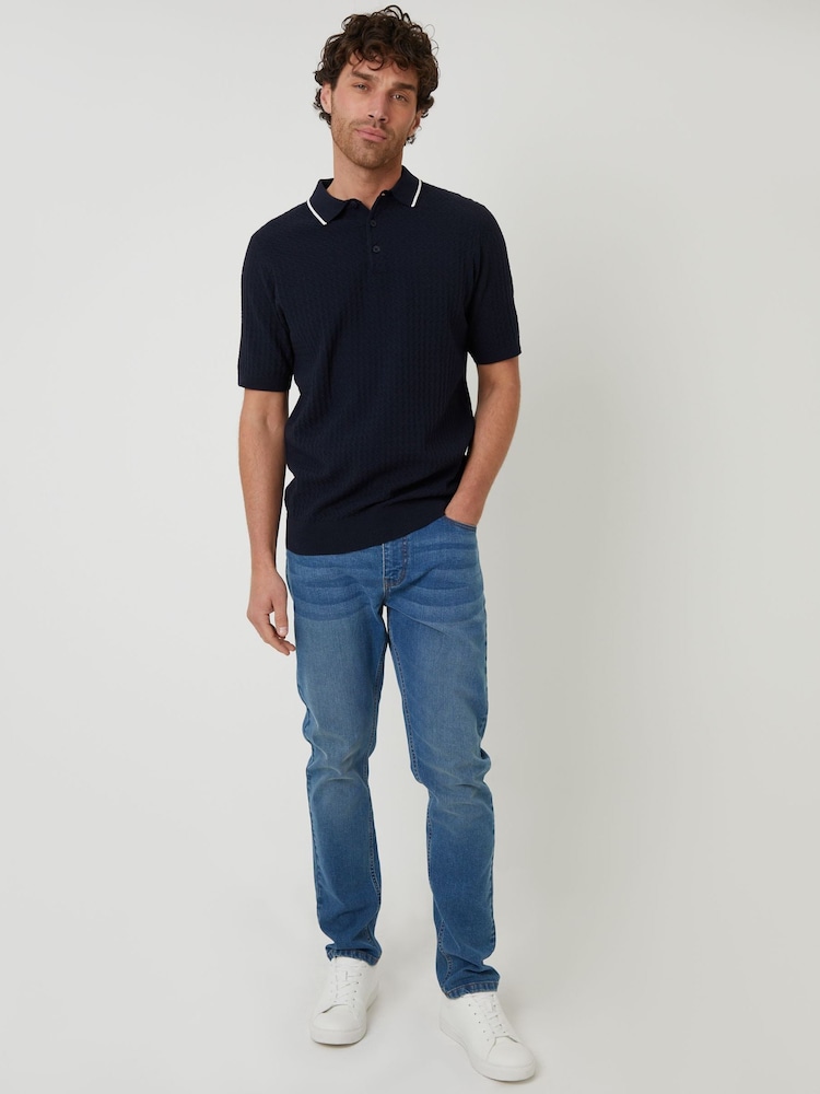 Threadbare Blue Textured Front Tipping Collar Knitted Polo Shirt - Image 3 of 4