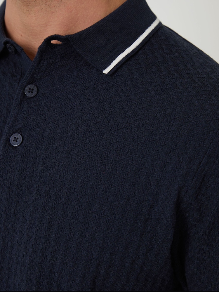 Threadbare Blue Textured Front Tipping Collar Knitted Polo Shirt - Image 4 of 4 Threadbare Blue Textured Front Tipping Collar Knitted Polo Shirt - Image 4 of 4