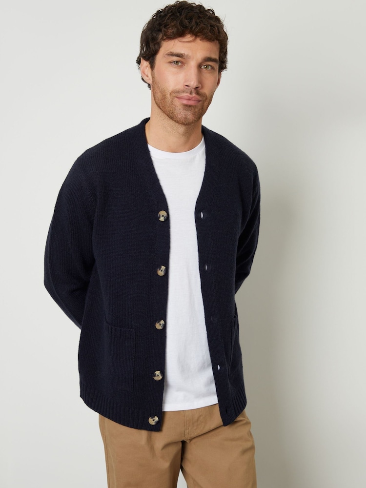 Threadbare Navy Blue Knitted V-Neck Cardigan - Image 1 of 5