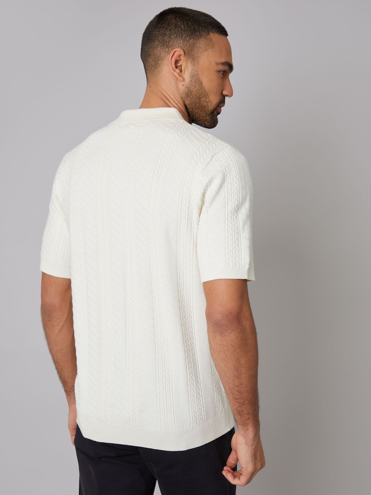 Threadbare Cream Mini Cable Knit Polo Shirt - Image 2 of 4