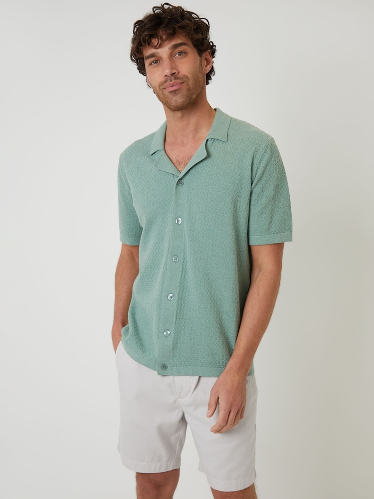 Threadbare Green Textured Revere Collar Knitted Shirt - Image 1 of 4