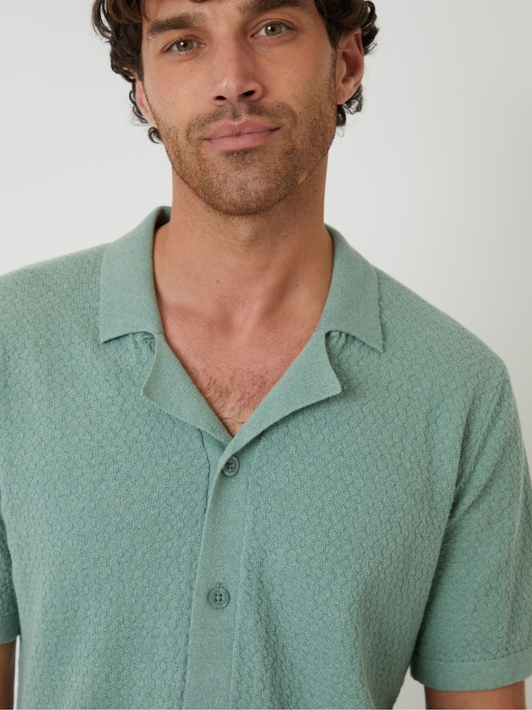 Threadbare Green Textured Revere Collar Knitted Shirt - Image 4 of 4