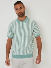 Threadbare Striped Textured Quarter Zip Knitted Polo Shirt - Bild 1 von 4