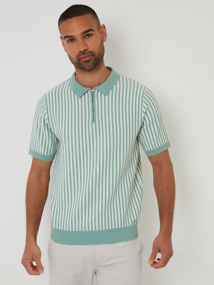Threadbare Striped Textured Quarter Zip Knitted Polo Shirt - Bild 1 von 4 Threadbare Striped Textured Quarter Zip Knitted Polo Shirt - Bild 1 von 4