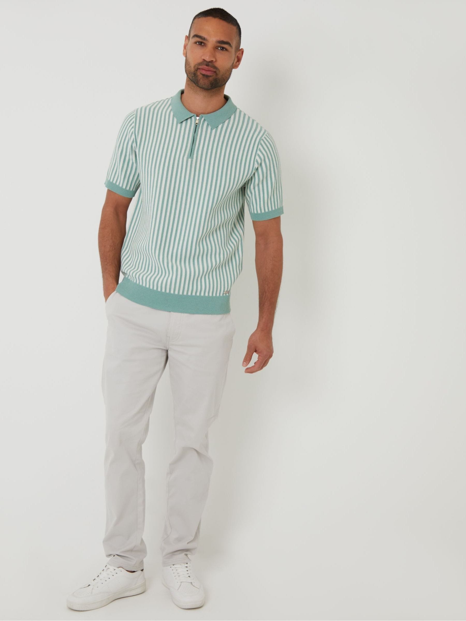 Buy Threadbare Green Striped Textured Quarter Zip Knitted Polo