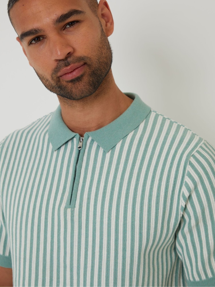 Threadbare Striped Textured Quarter Zip Knitted Polo Shirt - Bild 4 von 4